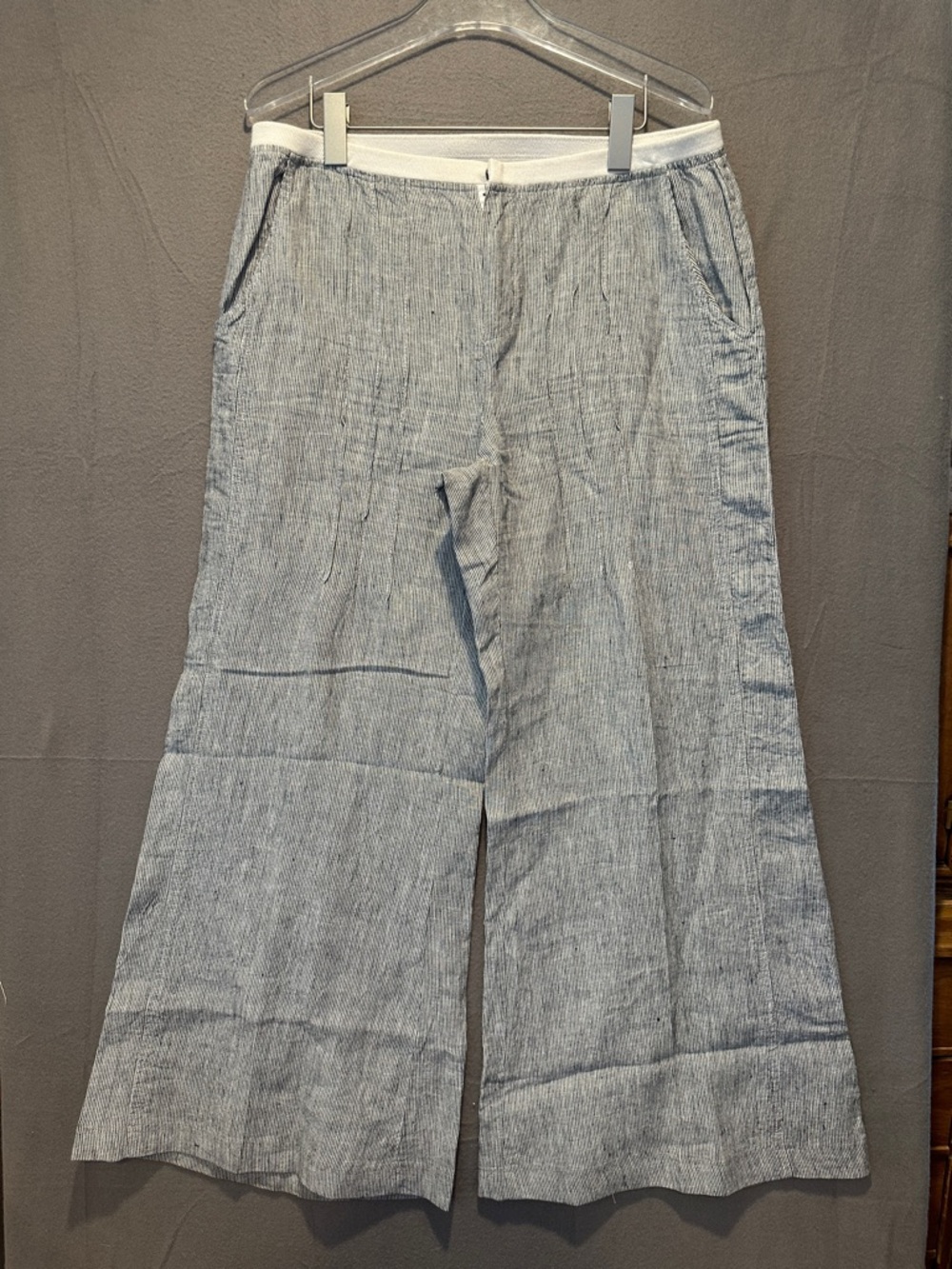 XCVI Relaxed Wide-Leg Pants in Light Blue and White Pinstripe